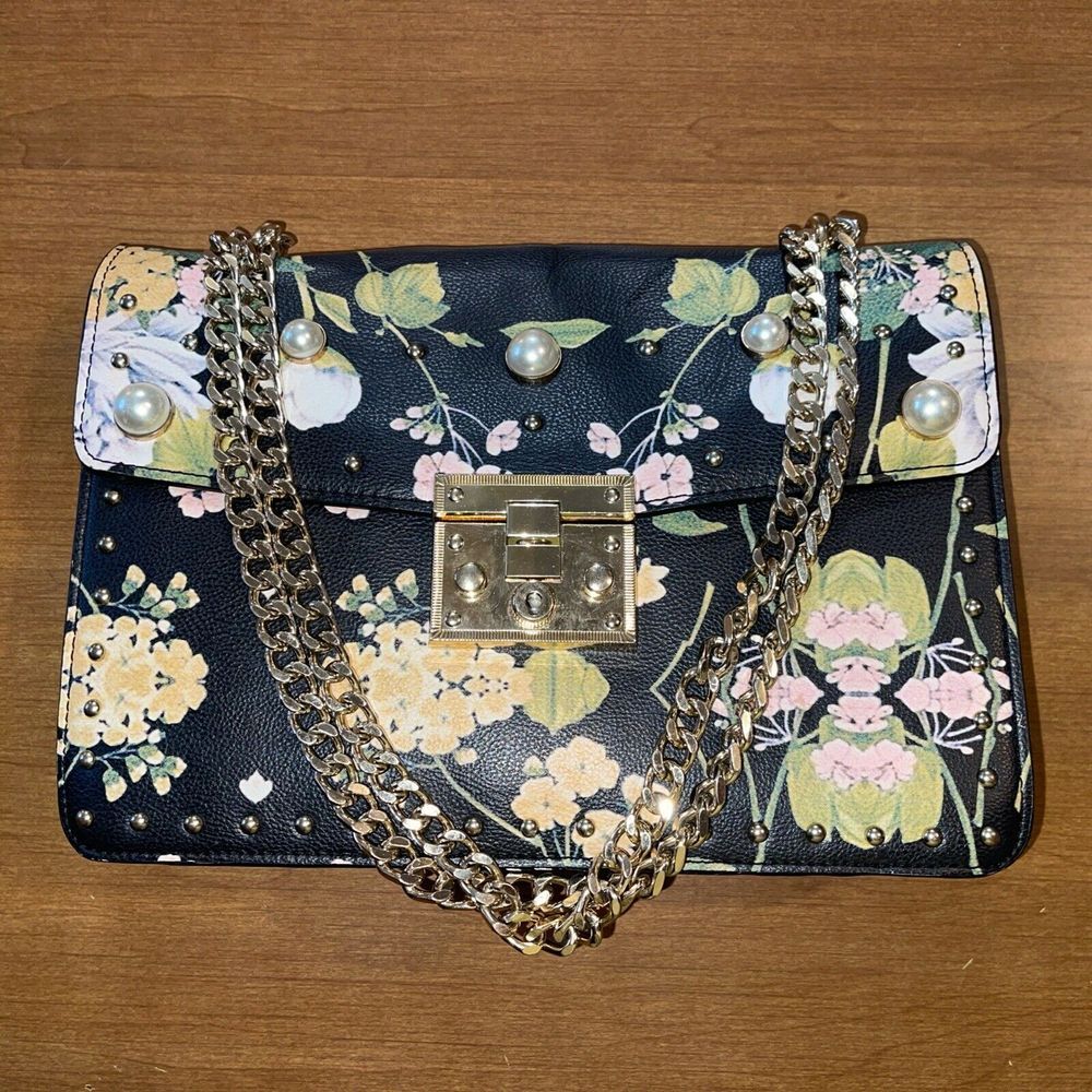 Steve Madden Purse Black Floral Pearl Studded Heavy Gold Cuban Style Chain Bling